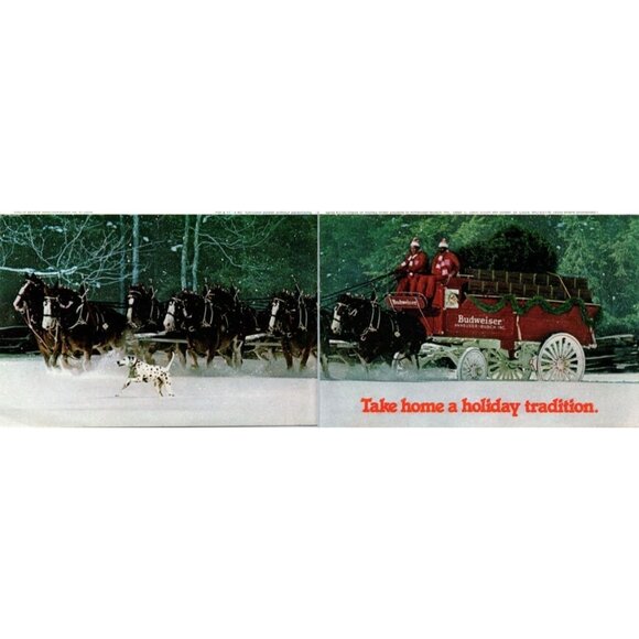 1981 Budweiser Beer Christmas Clydesdales Dalmation Dog 2pg Vintage Print Ad Art - Picture 1 of 5
